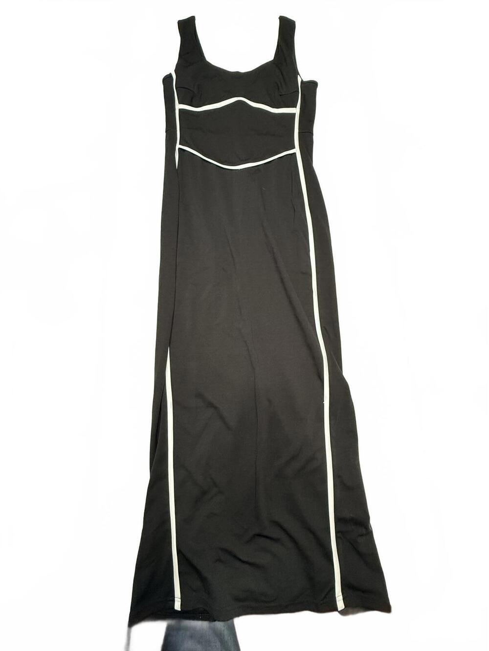 BTFBM Black Maxi Dress Contrast Binding White Piping Sleeveless Slit Size L